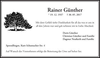 Traueranzeige von Rainer Günther von Trauerportal Rhein Main Presse