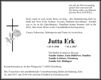 Traueranzeige von Jutta Erk von  Kreisanzeiger