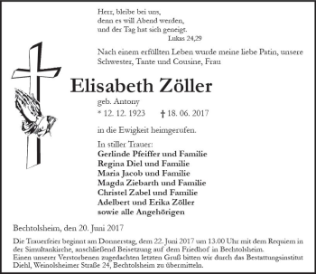 Traueranzeige von Elisabeth Zöller von Trauerportal Rhein Main Presse