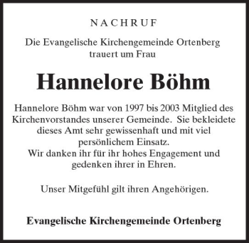 Traueranzeige von Hannelore Böhm von  Kreisanzeiger