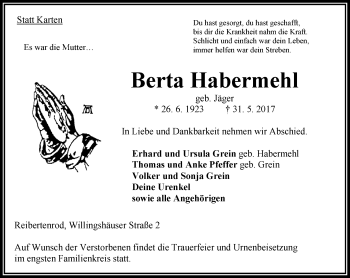 Traueranzeige von Berta Habermehl von VRM Trauer