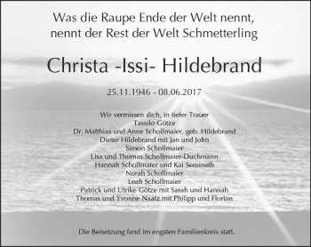 Traueranzeige von Christa Hildebrand von Trauerportal Rhein Main Presse