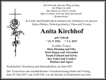 Traueranzeige von Anita Kirchhof von  Kreisanzeiger