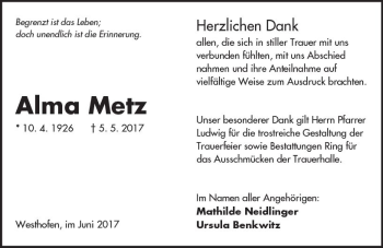 Traueranzeige von Alma Metz von Trauerportal Rhein Main Presse