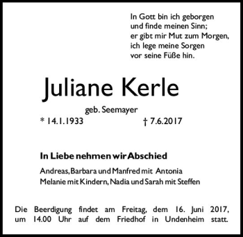 Traueranzeige von Juliane Kerle von Trauerportal Rhein Main Presse