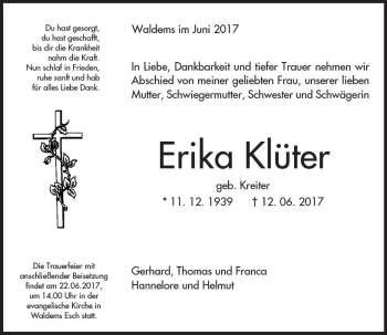 Traueranzeige von Erika Klüter von Trauerportal Rhein Main Presse