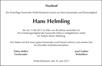Traueranzeige von Hans Helmling von Trauerportal Echo Online