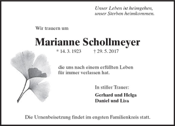 Traueranzeige von Marianne Schollmeyer von Trauerportal Echo Online