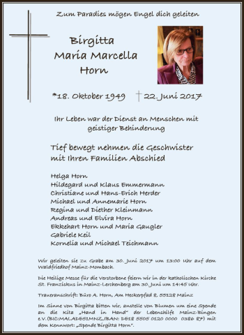 Traueranzeige von Birgitta Maria Marcella Horn von Trauerportal Rhein Main Presse