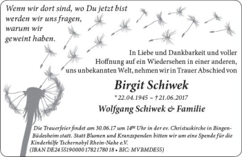 Traueranzeige von Birgit Schiwek von Trauerportal Rhein Main Presse