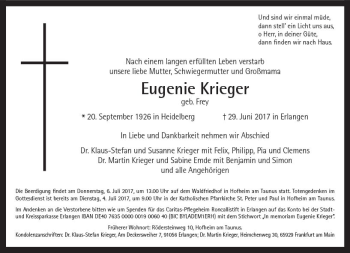Traueranzeige von Eugenie Krieger von Trauerportal Rhein Main Presse