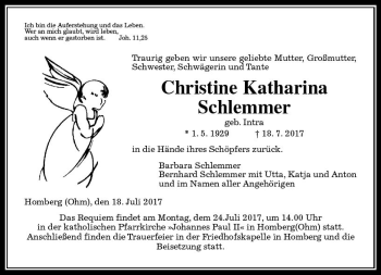 Traueranzeige von Christine Katharina Schlemmer von VRM Trauer