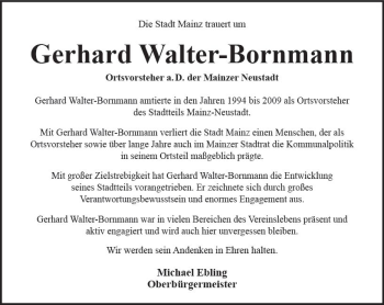 Traueranzeige von Gerhard Walter-Bornmann von Trauerportal Rhein Main Presse