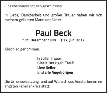 Traueranzeige von Paul Beck von Trauerportal Rhein Main Presse