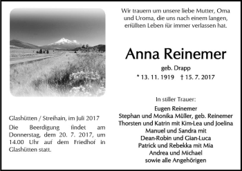 Traueranzeige von Anna Reinemer von  Kreisanzeiger