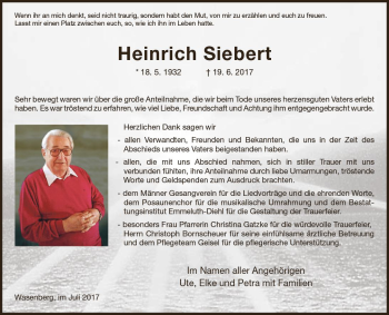 Traueranzeige von Heinrich Siebert von VRM Trauer