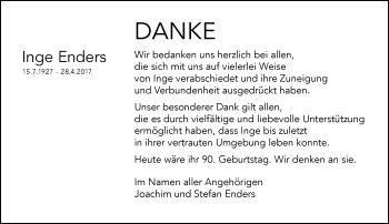 Traueranzeige von Inge Enders von Trauerportal Rhein Main Presse