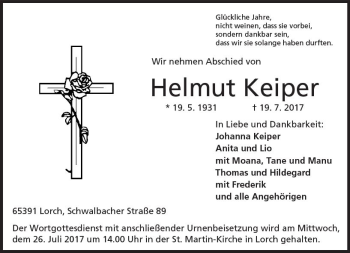 Traueranzeige von Helmut Keiper von Trauerportal Rhein Main Presse