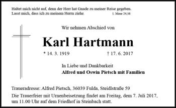 Traueranzeige von Karl Hartmann von Trauerportal Echo Online