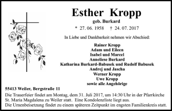 Traueranzeige von Esther Kropp von Trauerportal Rhein Main Presse