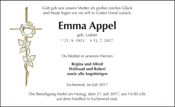 Traueranzeige von Emma Appel von  Kreisanzeiger