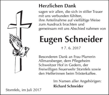 Traueranzeige von Eugen Schneider von  Kreisanzeiger