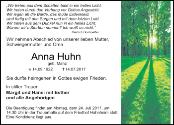 Traueranzeige von Anna Huhn von Trauerportal Rhein Main Presse