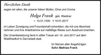 Traueranzeige von Helga Frank von Trauerportal Echo Online