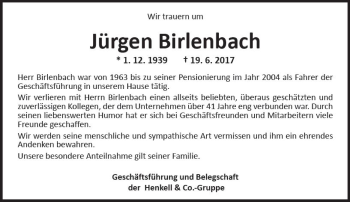 Traueranzeige von Jürgen Birlenbach von Trauerportal Rhein Main Presse