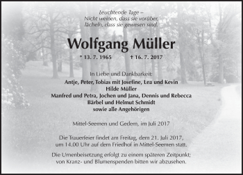 Traueranzeige von Wolfgang Müller von  Kreisanzeiger