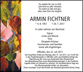 Traueranzeige von Armin Fichtner von Trauerportal Rhein Main Presse