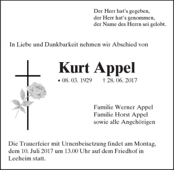 Traueranzeige von Kurt Appel von Trauerportal Echo Online