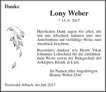 Traueranzeige von Lony Weber von  Gießener Anzeiger
