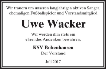 Traueranzeige von Uwe Wacker von  Kreisanzeiger