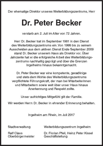Traueranzeige von Peter Becker von Trauerportal Rhein Main Presse