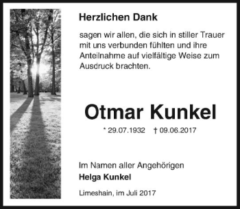 Traueranzeige von Otmar Kunkel von  Kreisanzeiger