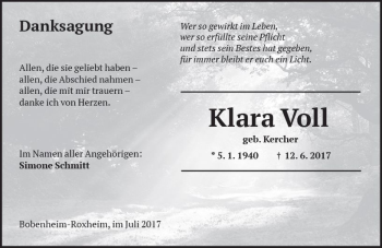 Traueranzeige von Klara Voll von Trauerportal Rhein Main Presse