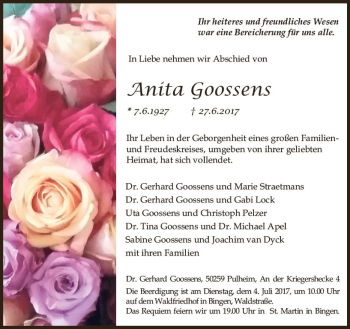 Traueranzeige von Anita Goossens von Trauerportal Rhein Main Presse