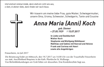 Traueranzeige von Anna Maria Koch von Trauerportal Rhein Main Presse