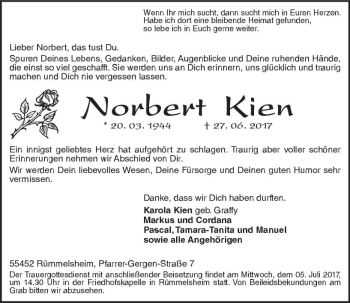 Traueranzeige von Norbert Kien von Trauerportal Rhein Main Presse