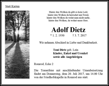 Traueranzeige von Adolf Dietz von VRM Trauer
