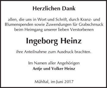 Traueranzeige von Ingeborg Heinz von Trauerportal Echo Online