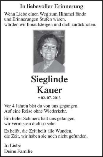 Traueranzeige von Sieglinde Kauer von Trauerportal Rhein Main Presse