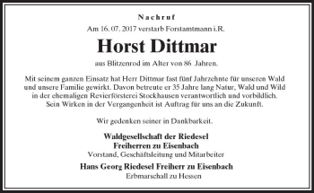 Traueranzeige von Horst Dittmar von VRM Trauer