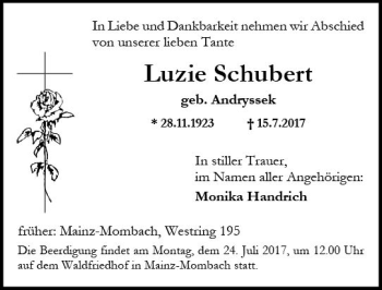 Traueranzeige von Luzie Schubert von Trauerportal Rhein Main Presse