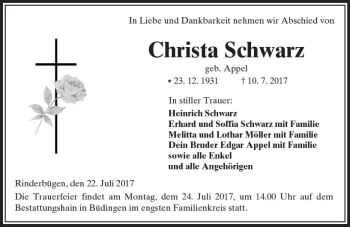 Traueranzeige von Christa Schwarz von  Kreisanzeiger