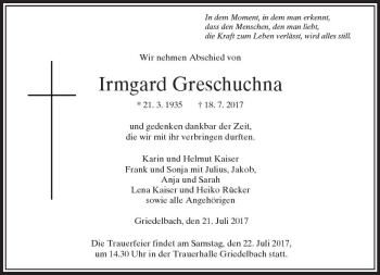 Traueranzeige von Irmgard Greschuchna von  Usinger Anzeiger