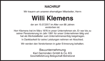 Traueranzeige von Willi Klemens von Trauerportal Rhein Main Presse