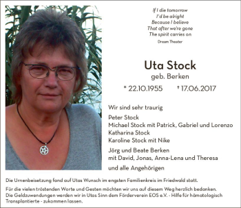 Traueranzeige von Uta Stock von Trauerportal Echo Online