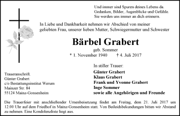 Traueranzeige von Bärbel Grabert von Trauerportal Rhein Main Presse